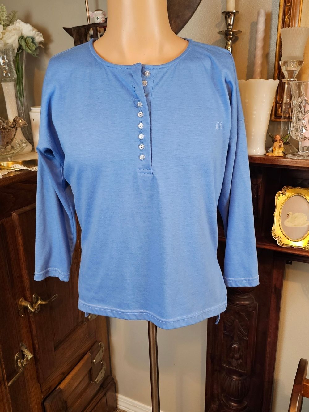 Vintage Hang Ten Blue Henley Top 3/4 Sleeve Button Front Surf Y2K Size Tag Missi